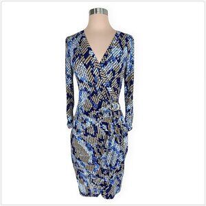 Cache Blue Animal Snake Print Wrap Style Stretch Jersey Gold Buckle Dress S